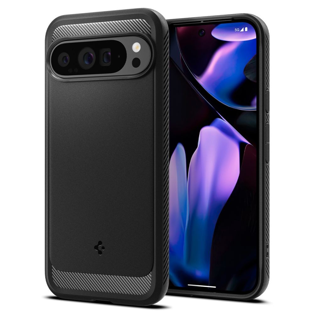 Juodas tekstūrinis dėklas "Spigen Rugged Armor" telefonui Google Pixel 9 Pro XL
