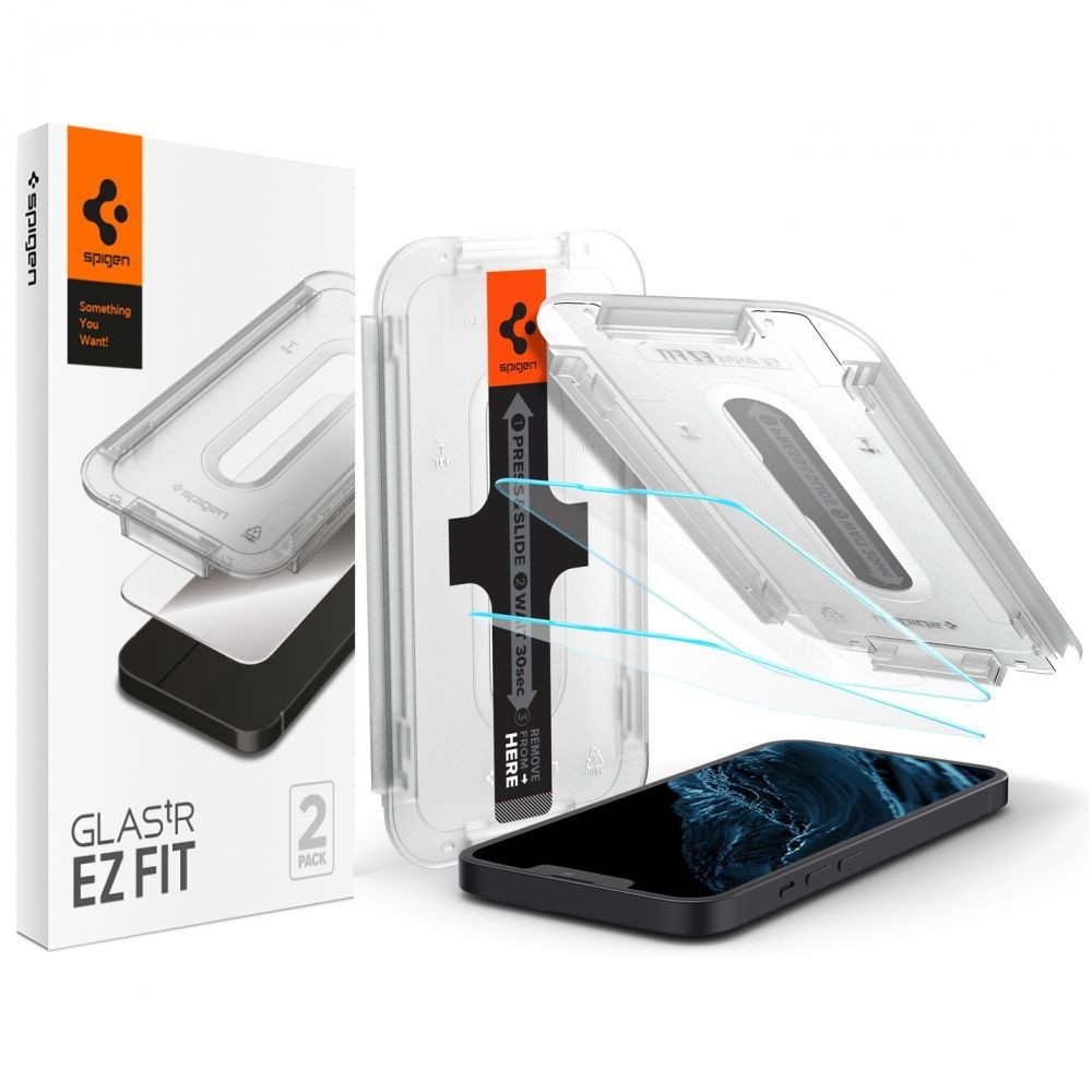 Apsauginis stiklas "SPIGEN GLAS.TR ”EZ FIT” (2-vnt) su montavimo rėmeliu telefonui iPhone 13 / 13 Pro / 14