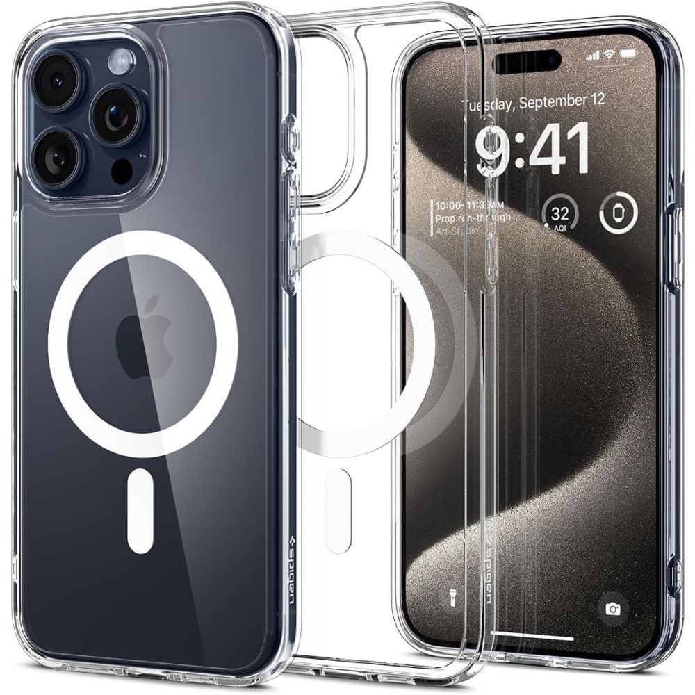 Itin tvirtas skaidrus dėklas su baltomis detalėmis "Spigen Ultra Hybrid Mag Magsafe" telefonui iPhone 15 Pro Max