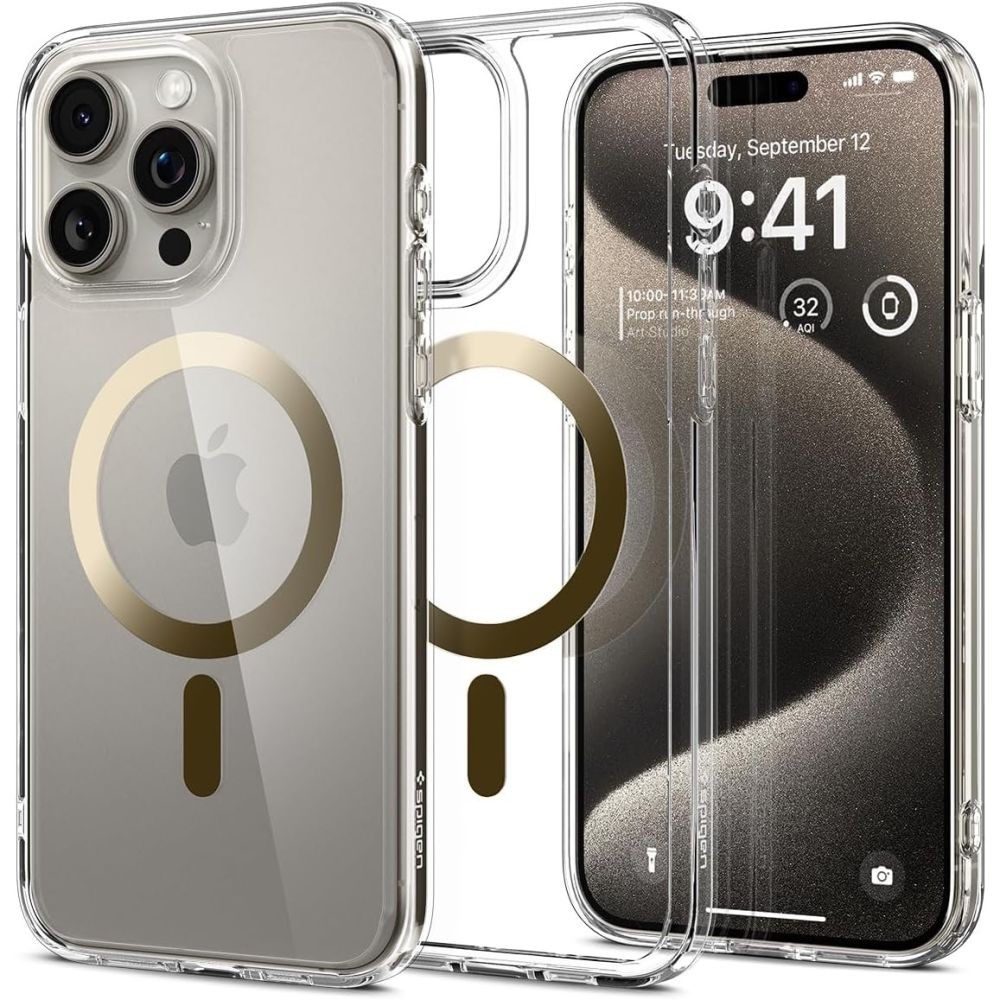 Itin tvirtas skaidrus dėklas su auksinėmis detalėmis "Spigen Ultra Hybrid Mag Magsafe" telefonui iPhone 15 Pro Max