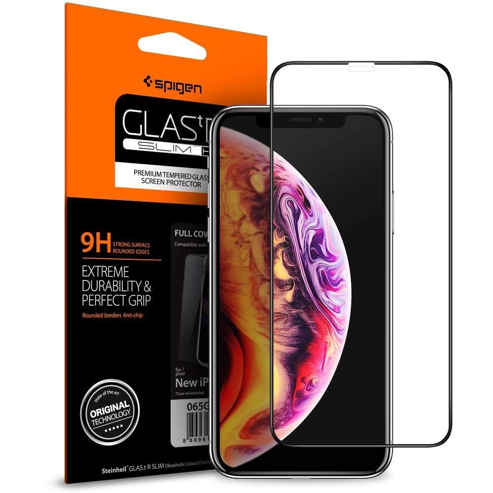 Apsauginis grūdintas stiklas juodais kraštais "Spigen Glass Fc" telefonui Apple Iphone XS Max / 11 Pro Max