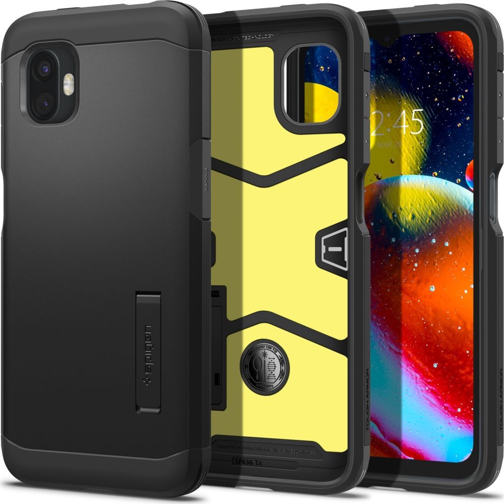 Juodas dviejų sluoksniu dėklas su stovu "Spigen Tough Armor" telefonui Galaxy Xcover 6 PRO