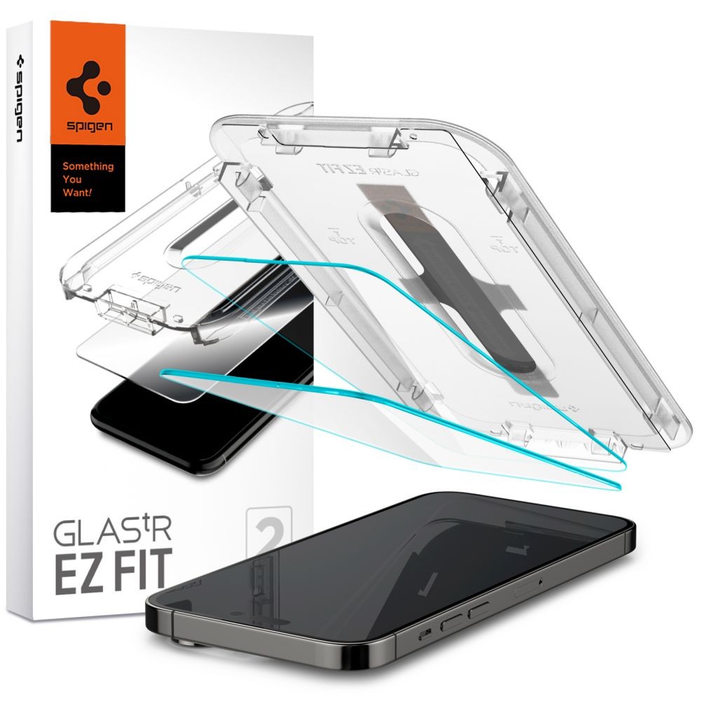 Apsauginis stiklas Spigen "Glas.TR EZ FIT 2-pack" (2 vnt.) su montavymo rėmeliu telefonui Apple iPhone 14 Pro