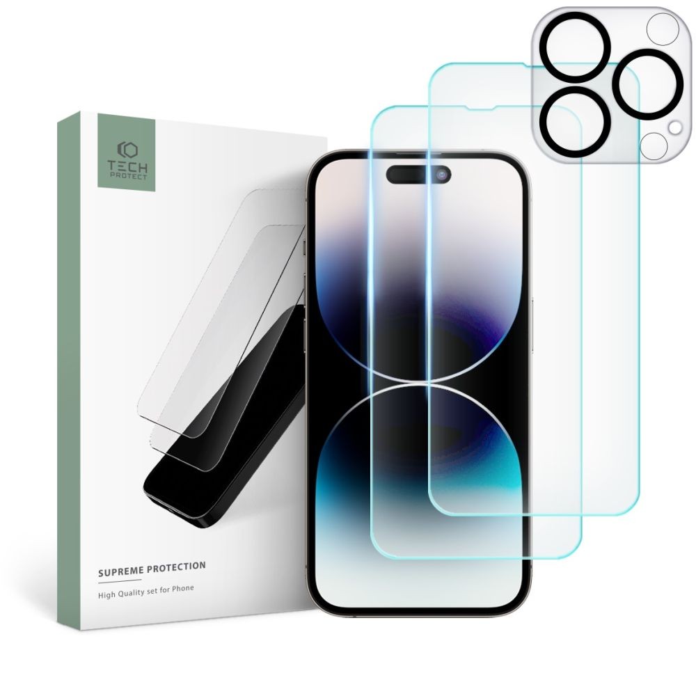 Ekrano (2vnt) ir kameros (1vnt) apsaugų rinkinys "Tech Protect Supreme Set" telefonui Iphone 14 Pro