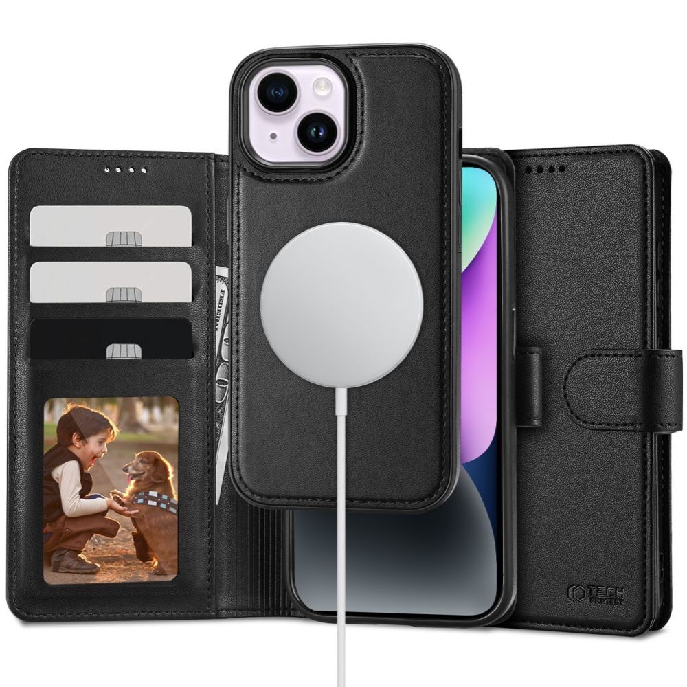 Juodas atverčiamas dėklas "Tech-Protect Wallet Magsafe" telefonui iPhone 15 Plus