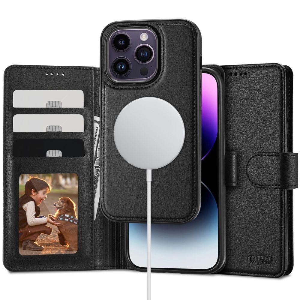 Juodas atverčiamas dėklas "Tech-Protect Wallet Magsafe" telefonui iPhone 15 Pro Max