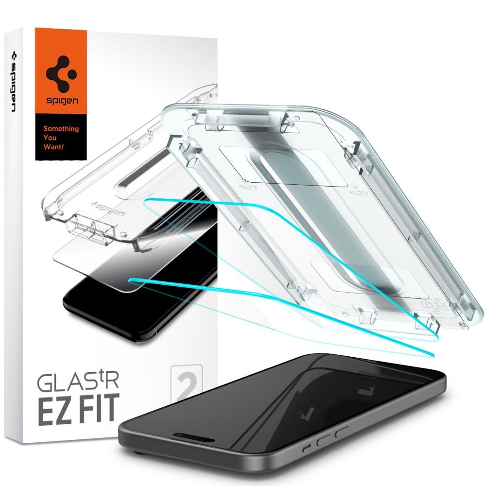 Apsauginis stiklas "Spigen Glas.Tr ”EZ FIT” (2-vnt) su montavymo rėmeliu telefonui iPhone 15
