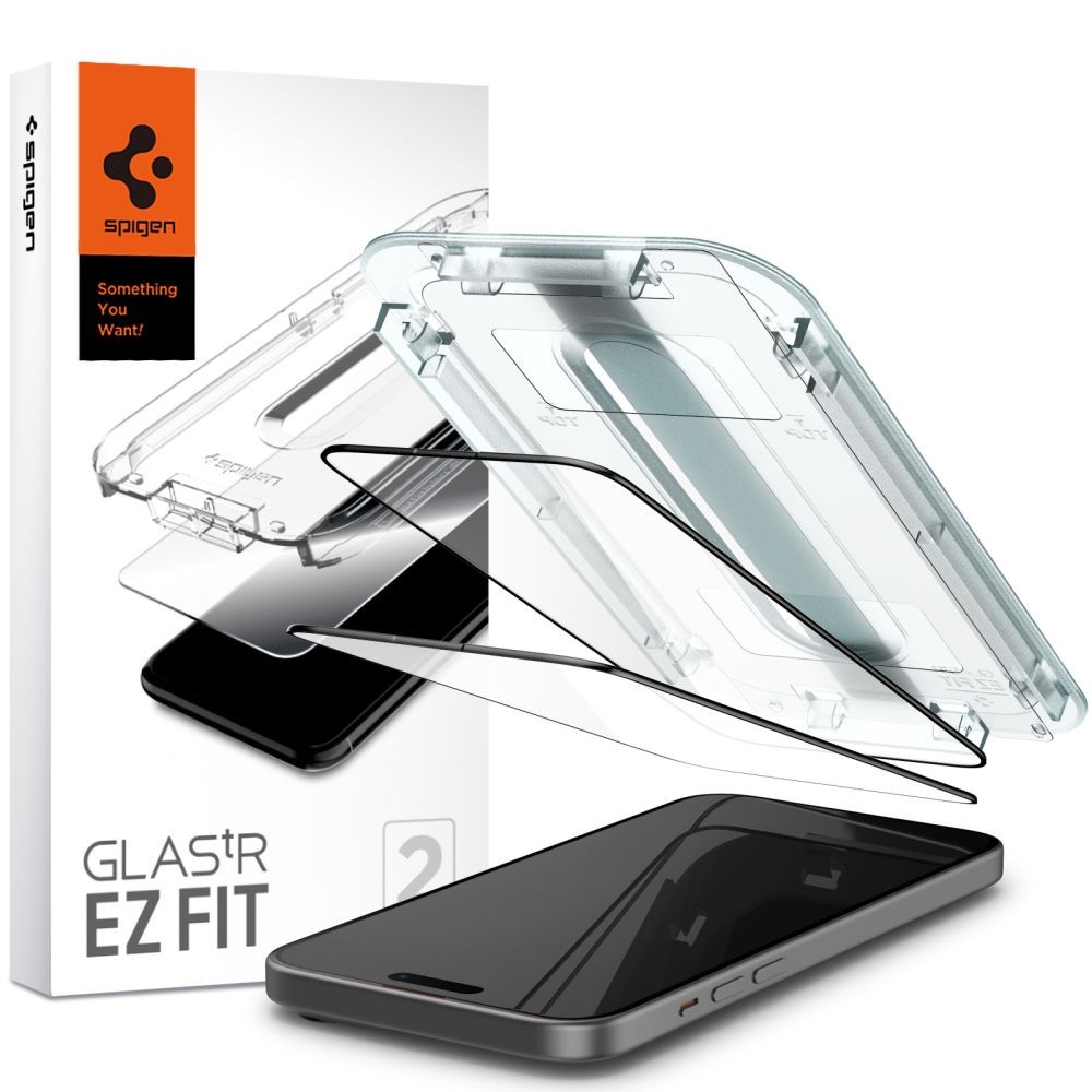 Apsauginis stiklas juodais krašteliais "Spigen Glas.Tr ”EZ FIT” (2-vnt) su montavymo rėmeliu telefonui Apple iPhone 15