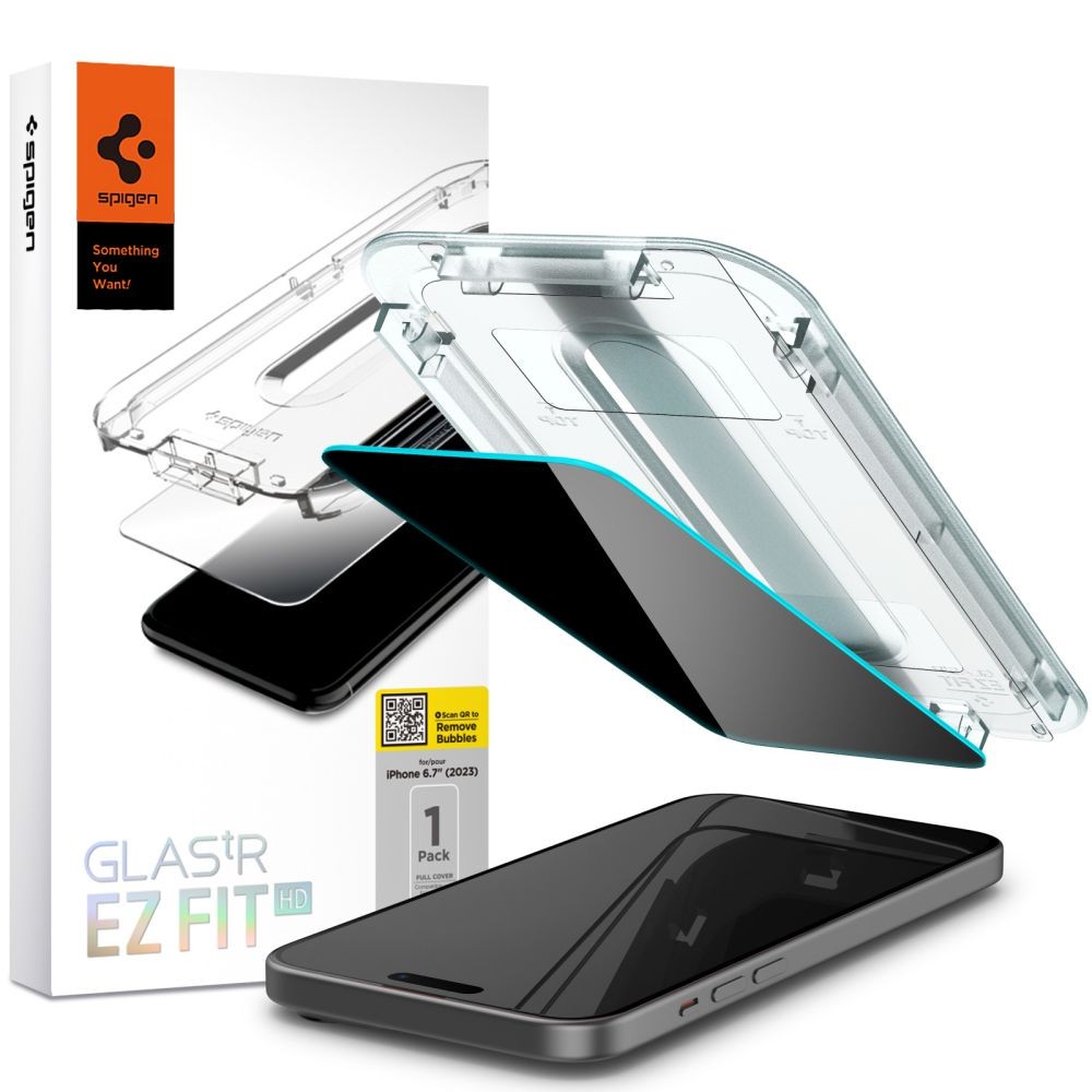 Privatumo suteikiantis apsauginis stikliukas "Spigen Glas.Tr ”EZ FIT Privacy” su montavimo rėmeliu telefonui iPhone 15 Plus