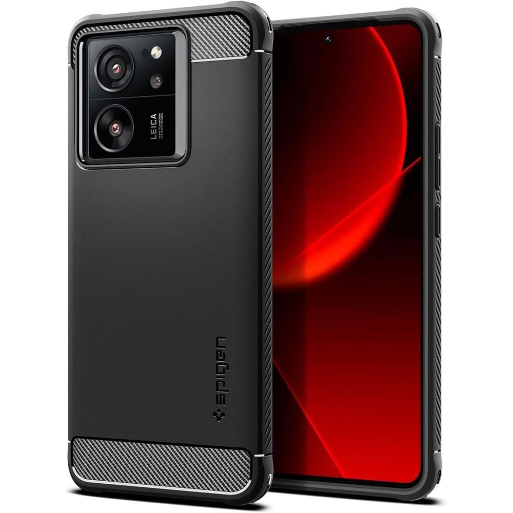 Juodas tekstūrinis dėklas "Spigen Rugged Armor" telefonui Xiaomi 13T / 13T Pro