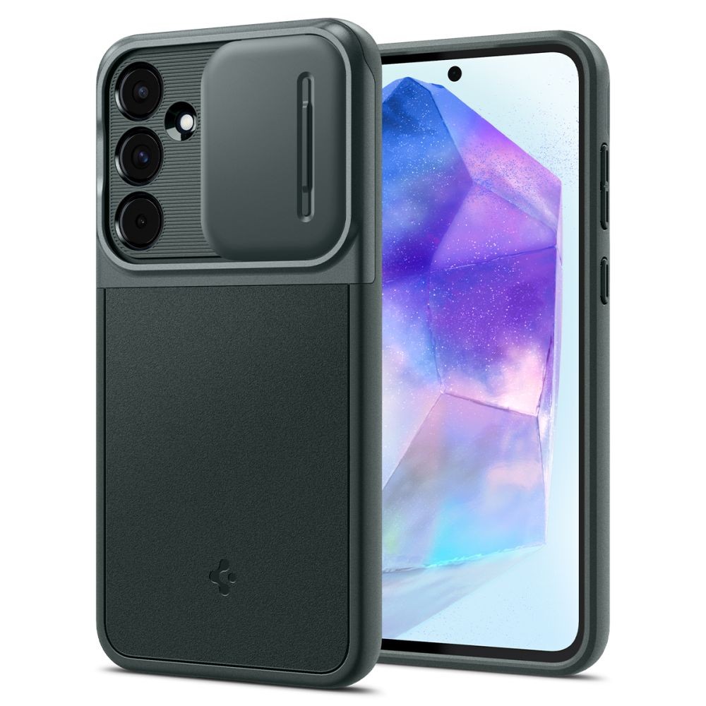 Žalias tekstūrinis dėklas su kameros apsauga "Spigen Optik Armor" telefonui Samsung Galaxy A55 5G