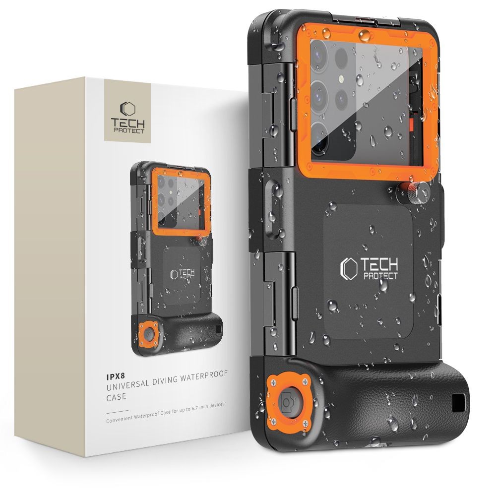 Juodas/Oranžinins nardymo dėklas "Tech-Protect IPX8 Universal Diving Waterproof Case"