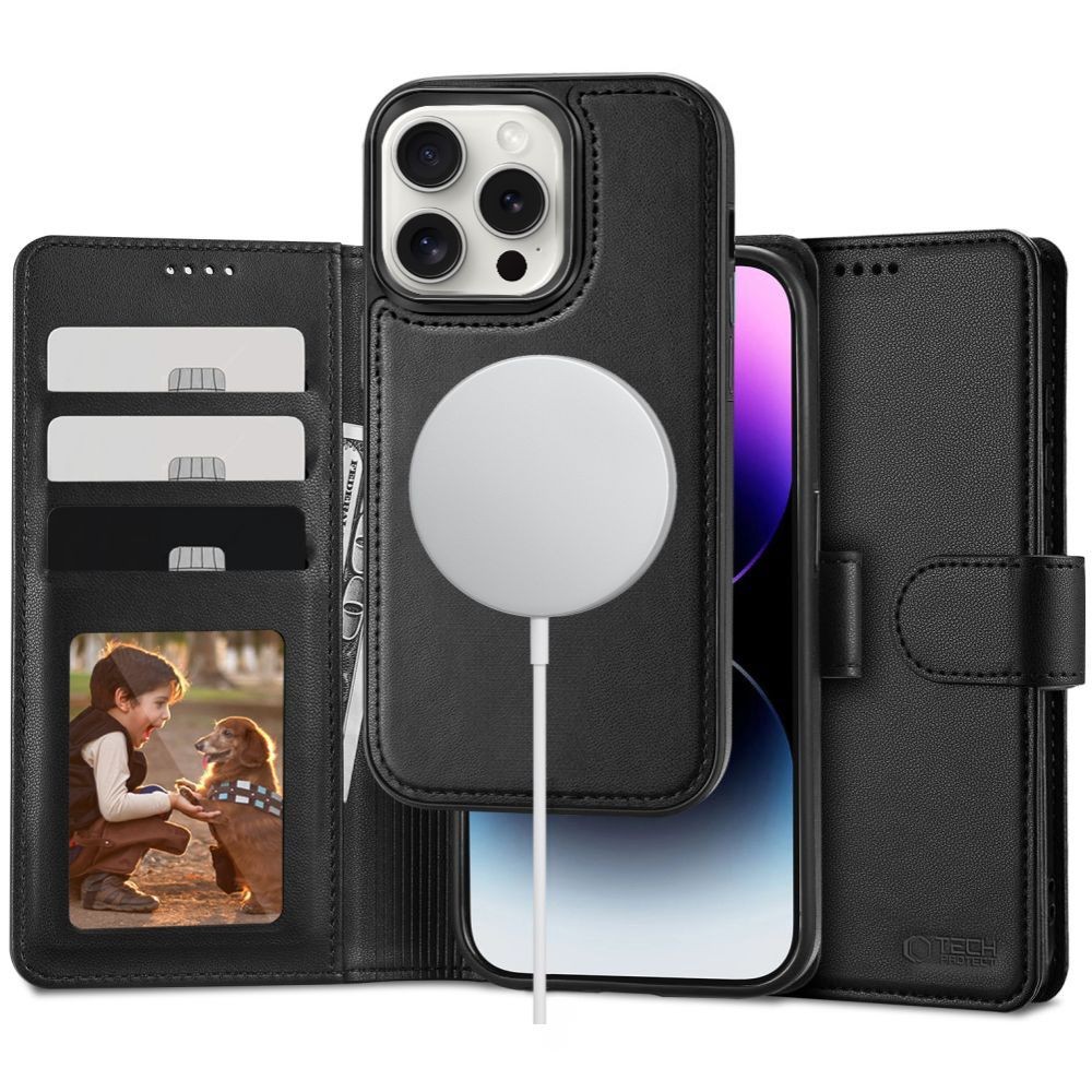 Juodas atverčiamas dėklas "Tech-Protect Wallet Magsafe" telefonui iPhone 16 Pro Max