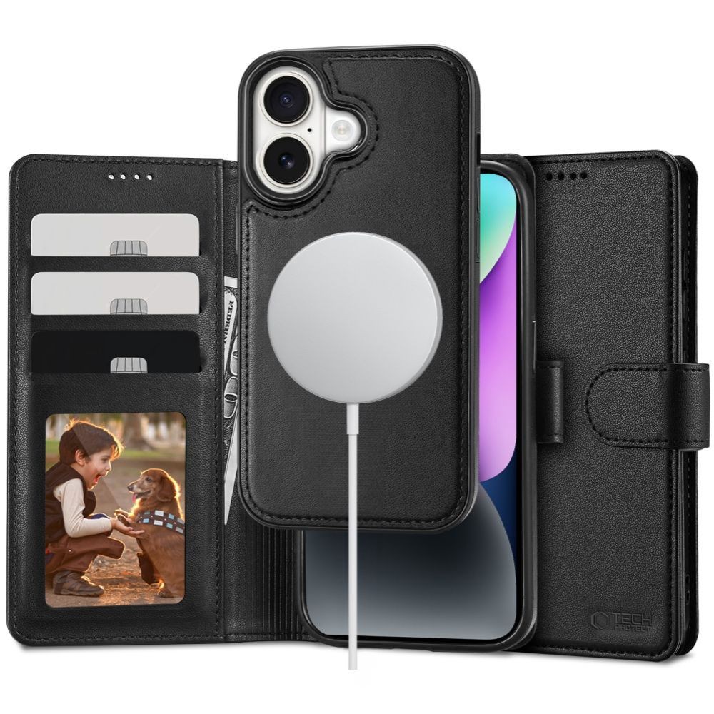 Juodas atverčiamas dėklas "Tech-Protect Wallet Magsafe" telefonui iPhone 16 