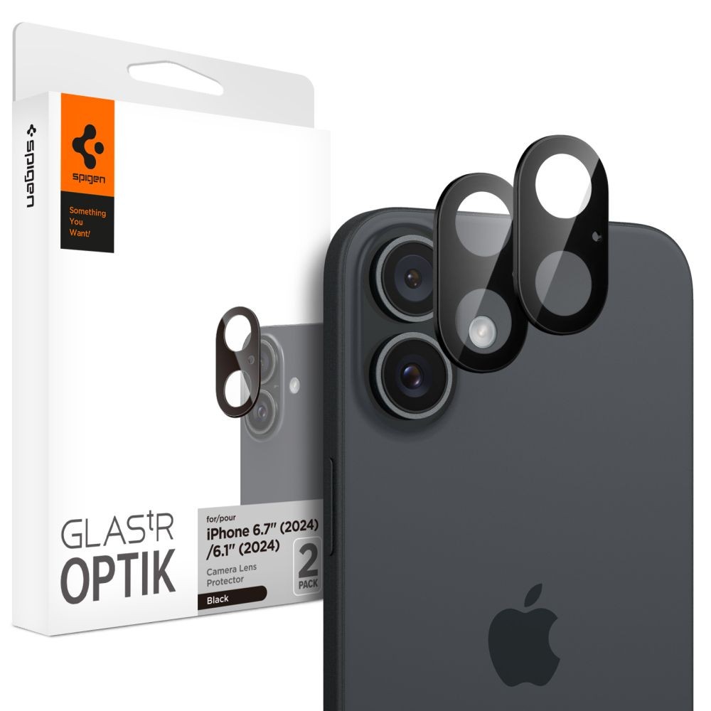 Juodos spalvos kameros apsauga "Spigen Optik.Tr Ez Fit Camera Protector" (2vnt.) telefonui Apple iPhone 16 / 16 Plus
