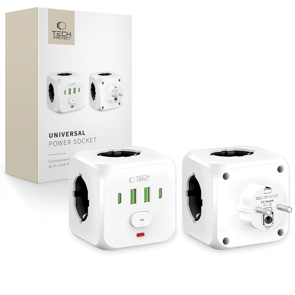 Baltas pakrovėjas / įkroviklis "Tech-Protect PCL3X4 Power Socket 2 USB & 2 Type-C & 3 Socket"