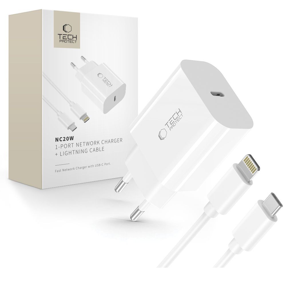 Baltas pakrovėjas-įkroviklis "Tech-Protect NC20W 1-Port network charger PD20W + Lightning cable"