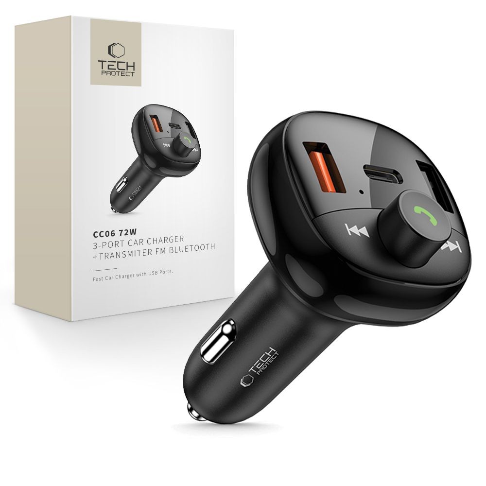 Automobilinis įkroviklis + FM bangų moduliatorius "Tech-Protect CC06 3-Port PD72W Bluetooth" 