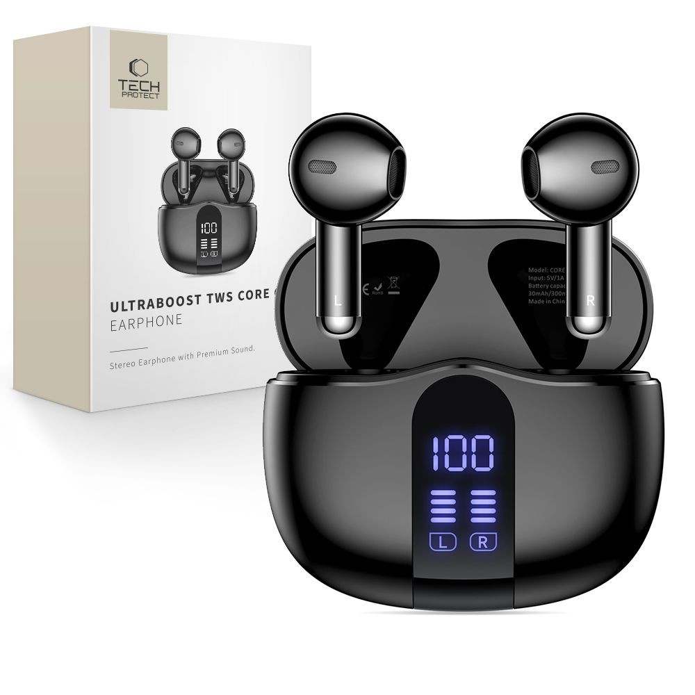 Juodos bevielės ausinės "Tech-Protect Ultraboost TWS Earphone Core G2"