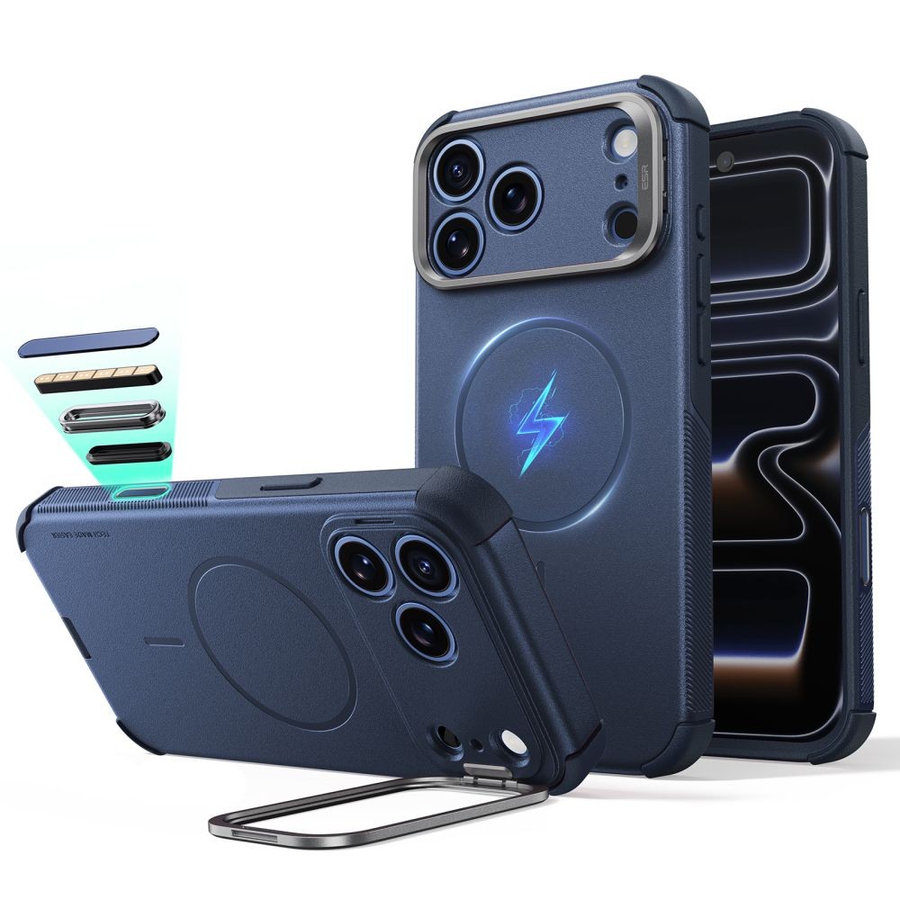 Tvirtas dėklas su kameros apsauga ir stovu "ESR Cyber Tough Kickstand Magsafe" telefonui Apple Iphone 17 PRO / 18 PRO BLUE