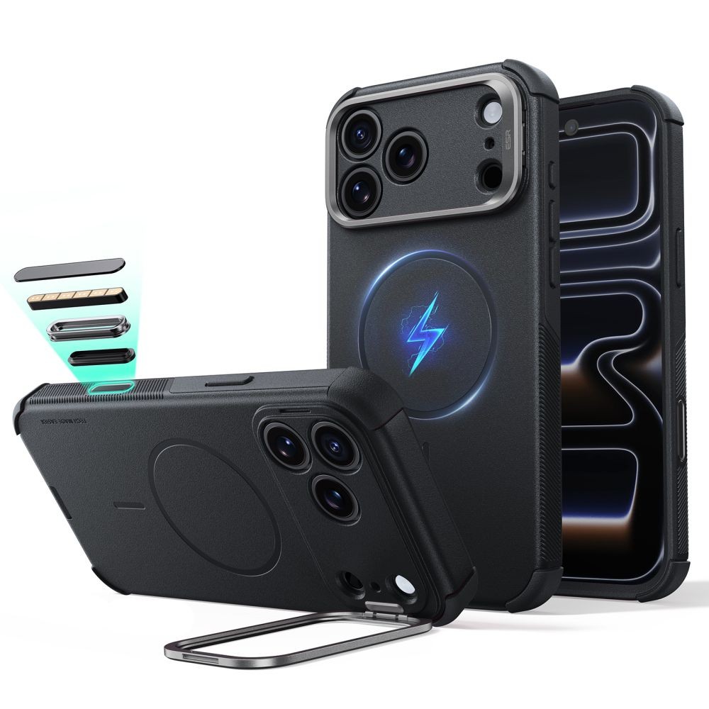 Tvirtas dėklas su kameros apsauga ir stovu "ESR Cyber Tough Kickstand Magsafe" telefonui Apple Iphone 17 PRO MAX / 18 PRO MAX BLACK