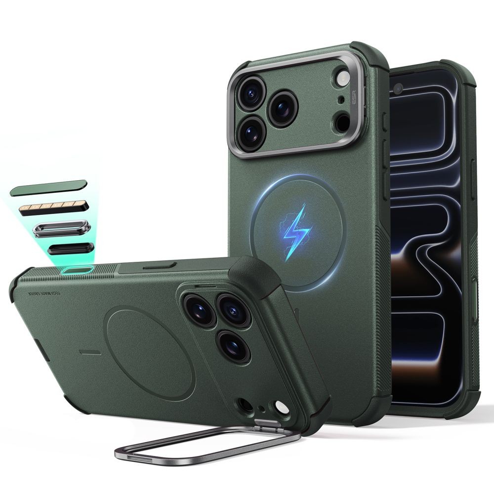 Tvirtas dėklas su kameros apsauga ir stovu "ESR Cyber Tough Kickstand Magsafe" telefonui Apple Iphone 17 PRO MAX / 18 PRO MAX GREEN