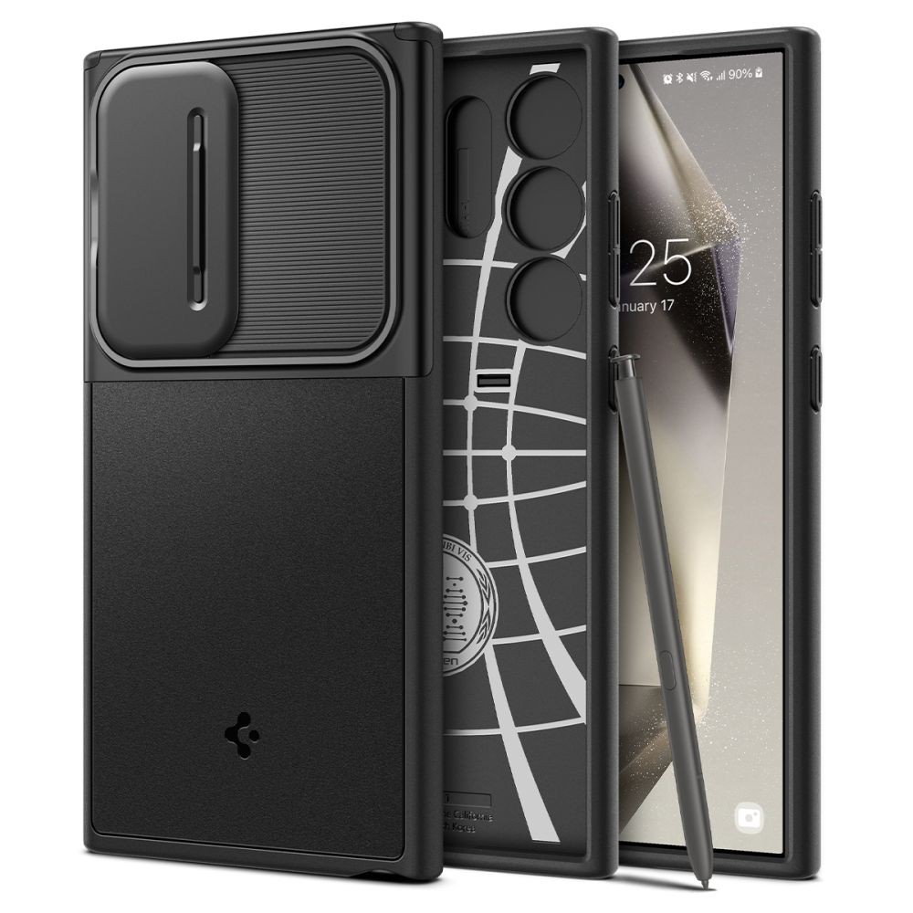 Juodas tekstūrinis dėklas su kameros apsauga "Spigen Optik Armor" telefonui Samsung Galaxy S24 Ultra