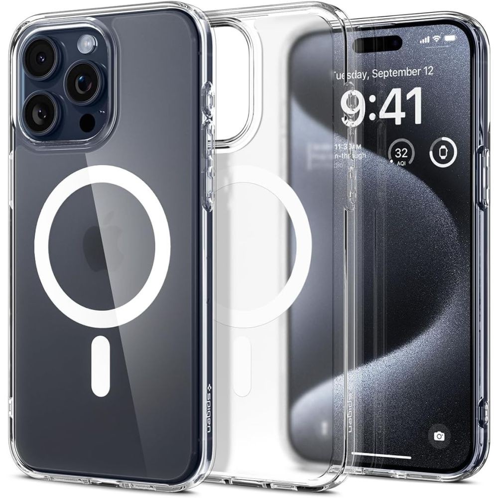 Itin tvirtas, pusiau skaidrus dėklas su baltomis detalėmis "Spigen Ultra Hybrid Mag Magsafe" telefonui iPhone 15 Pro
