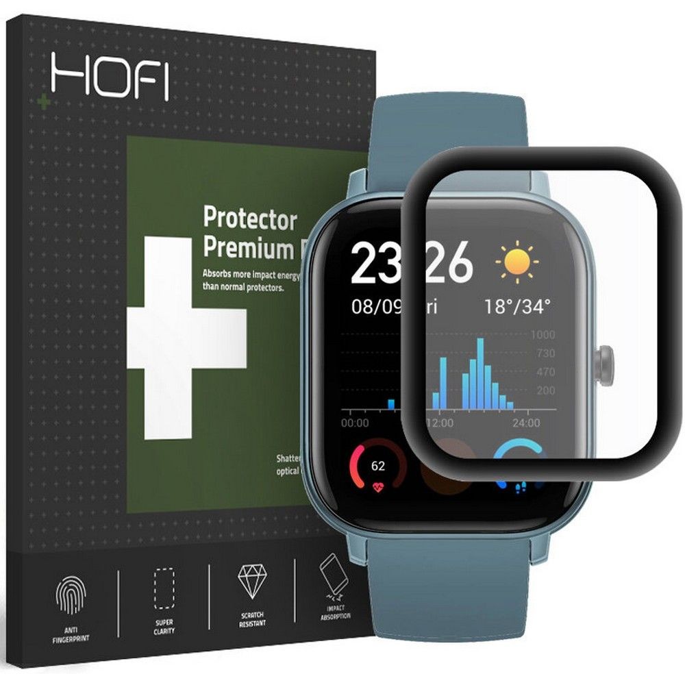 Apsauginis grūdintas stiklas juodais krašteliais "Hofi Hybrid Glass" laikrodžiui Amazfit GTS