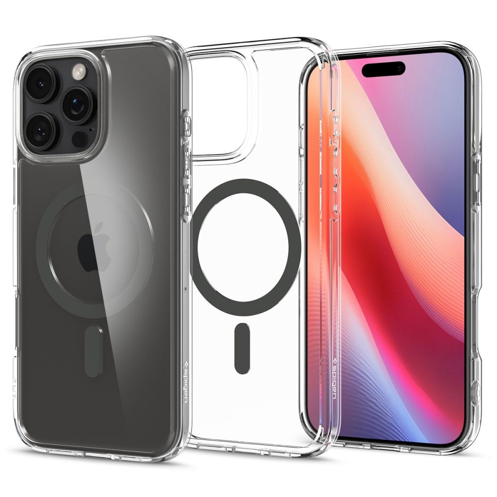 Itin tvirtas skaidrus dėklas su pilkomis detalėmis "Spigen Ultra Hybrid Mag Magsafe" telefonui Apple iPhone 16 Pro Max