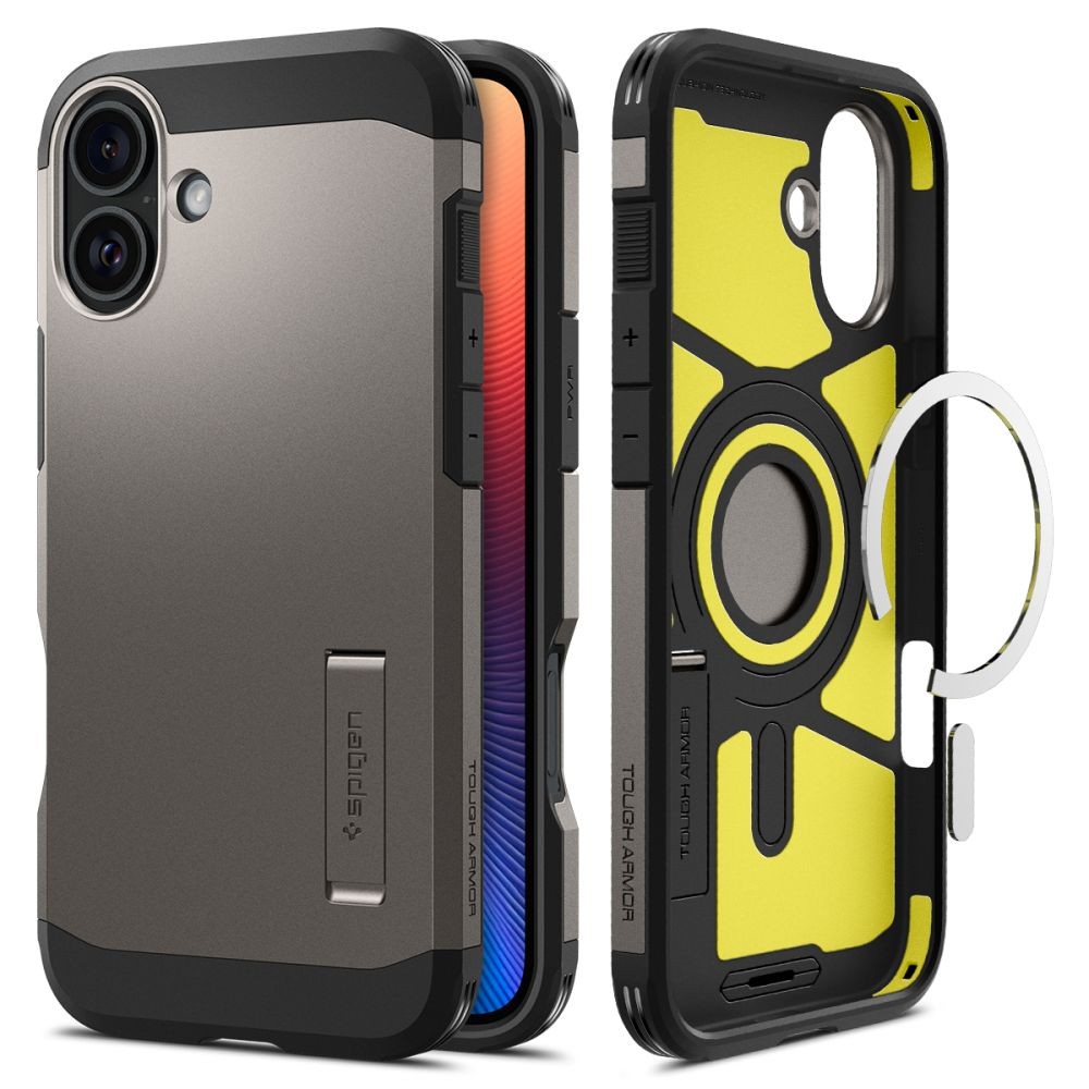 Metalo spalvos dviejų sluoksniu dėklas/stovas "Spigen Tough Armor Mag Magsafe" telefonui Apple iPhone 16 