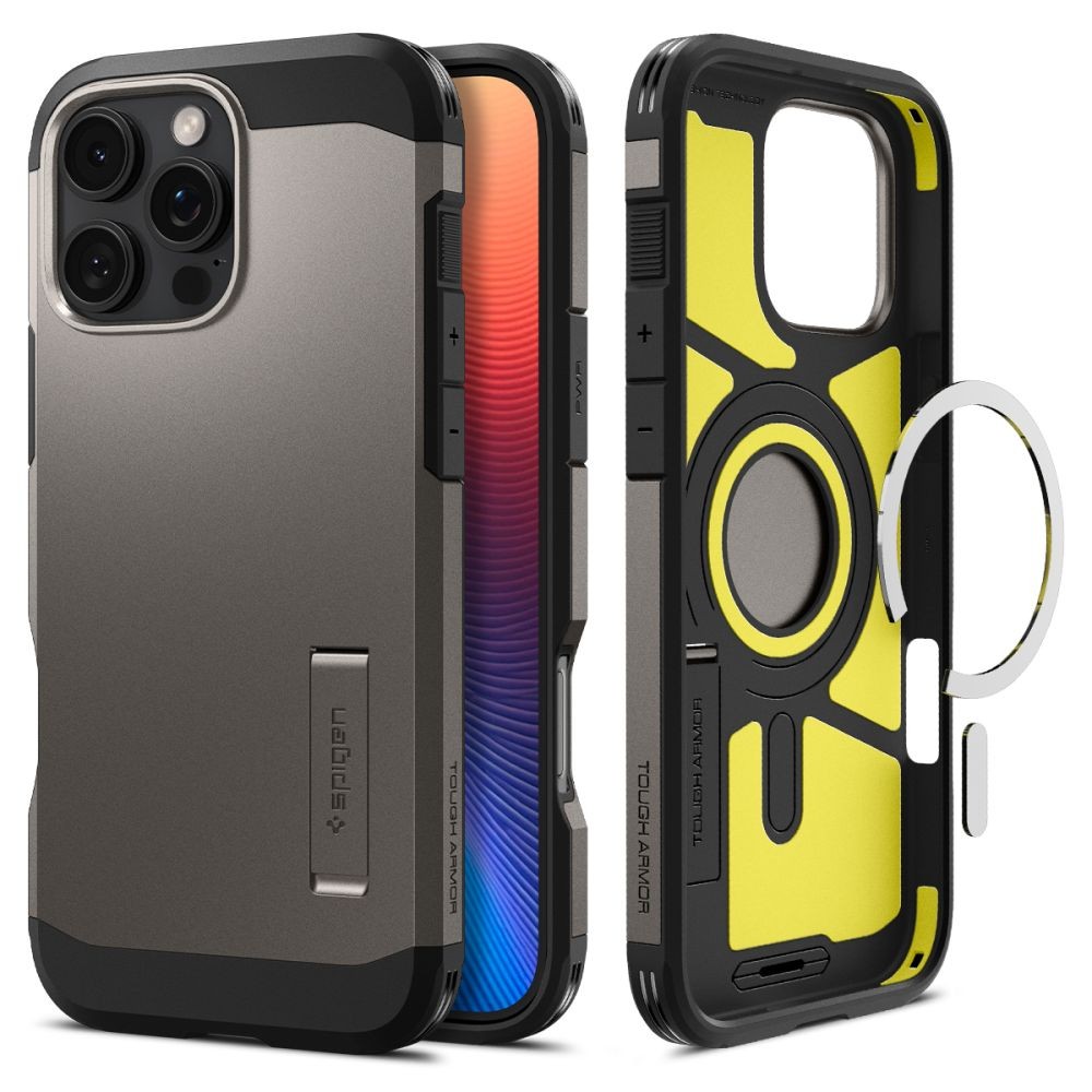 Metalo spalvos dviejų sluoksniu dėklas/stovas "Spigen Tough Armor Mag Magsafe" telefonui Apple iPhone 16 Pro