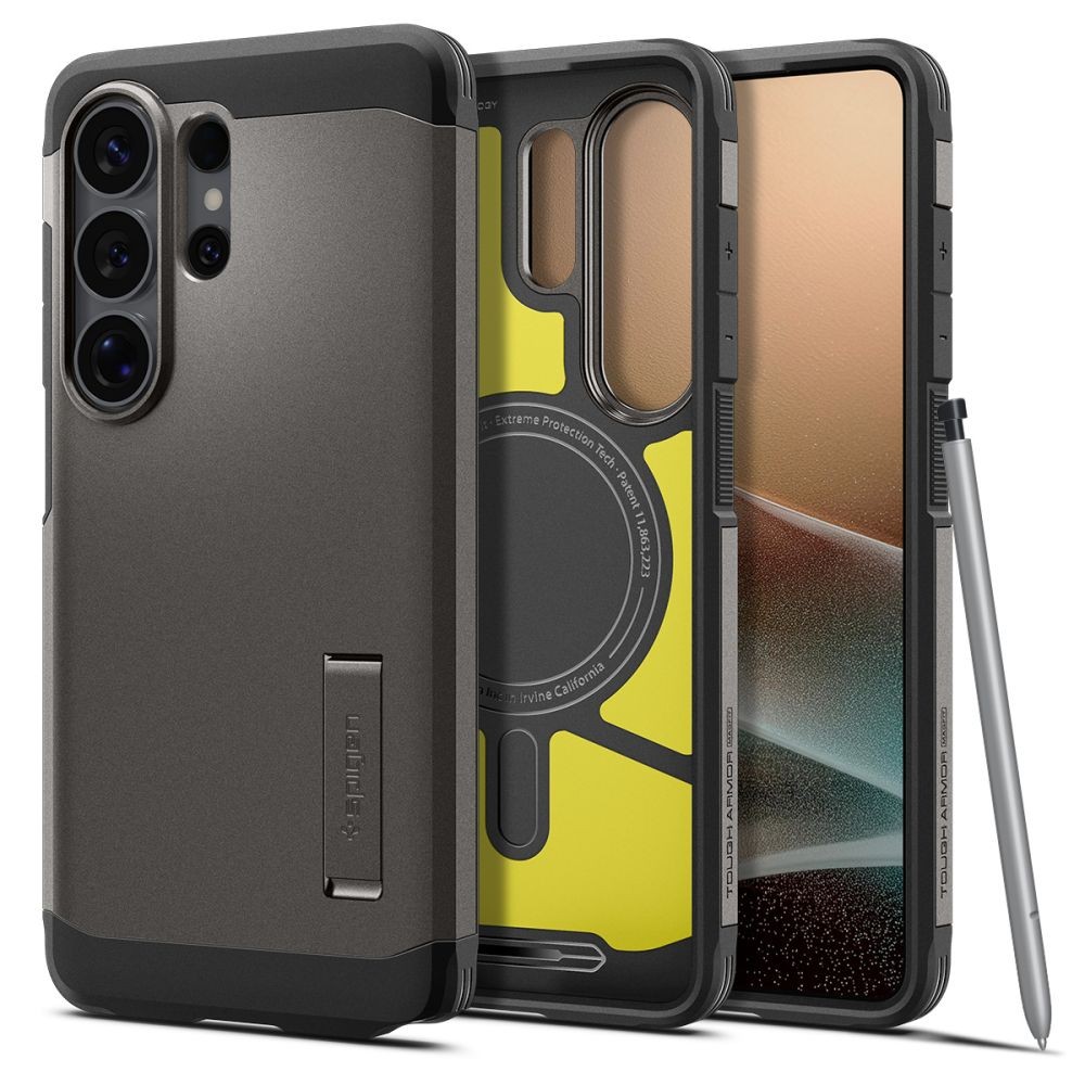 Tvirtas dviejų sluoksnių dėklas su stovu Spigen Tough Armor Mag Magsafe telefonui Samsung Galaxy S26 ULTRA GUNMETAL