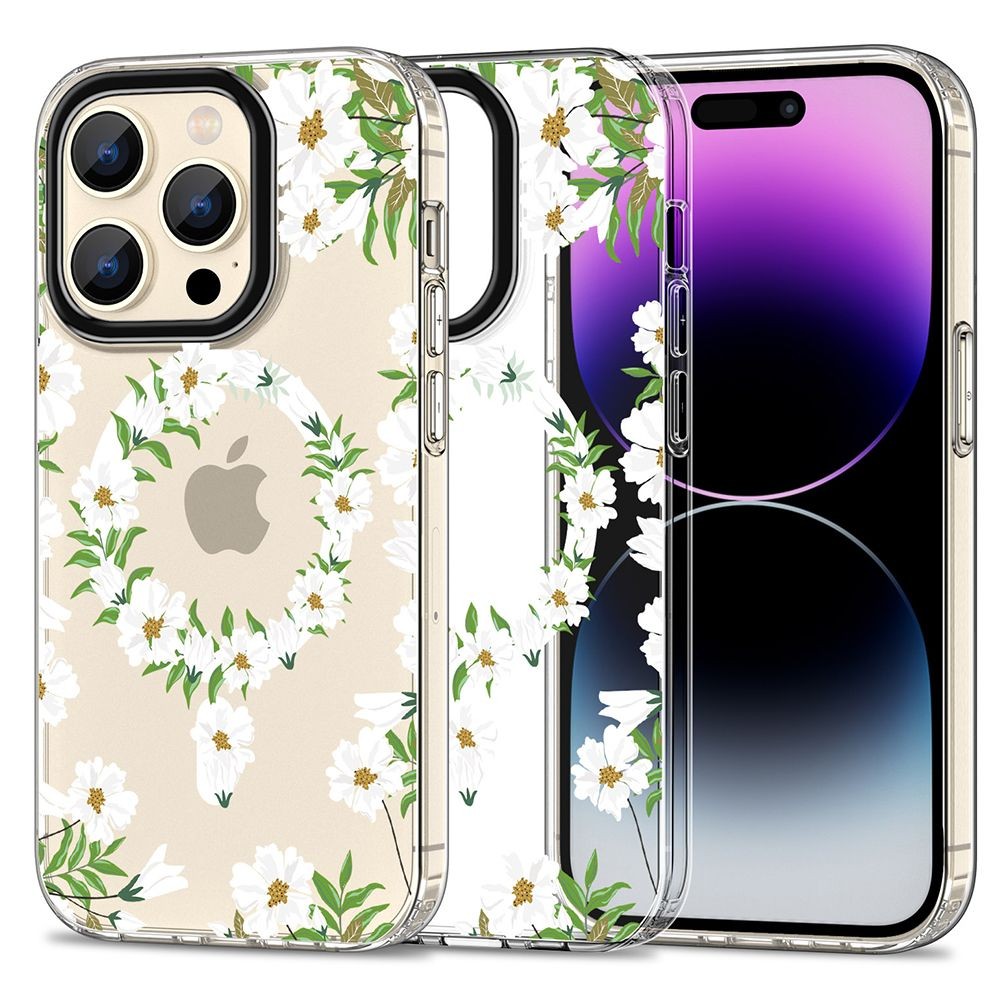 Skaidrus gėlėtas dėklas "Tech-Protect Magmood Magsafe White Daisy" telefonui iPhone 15 Pro Max