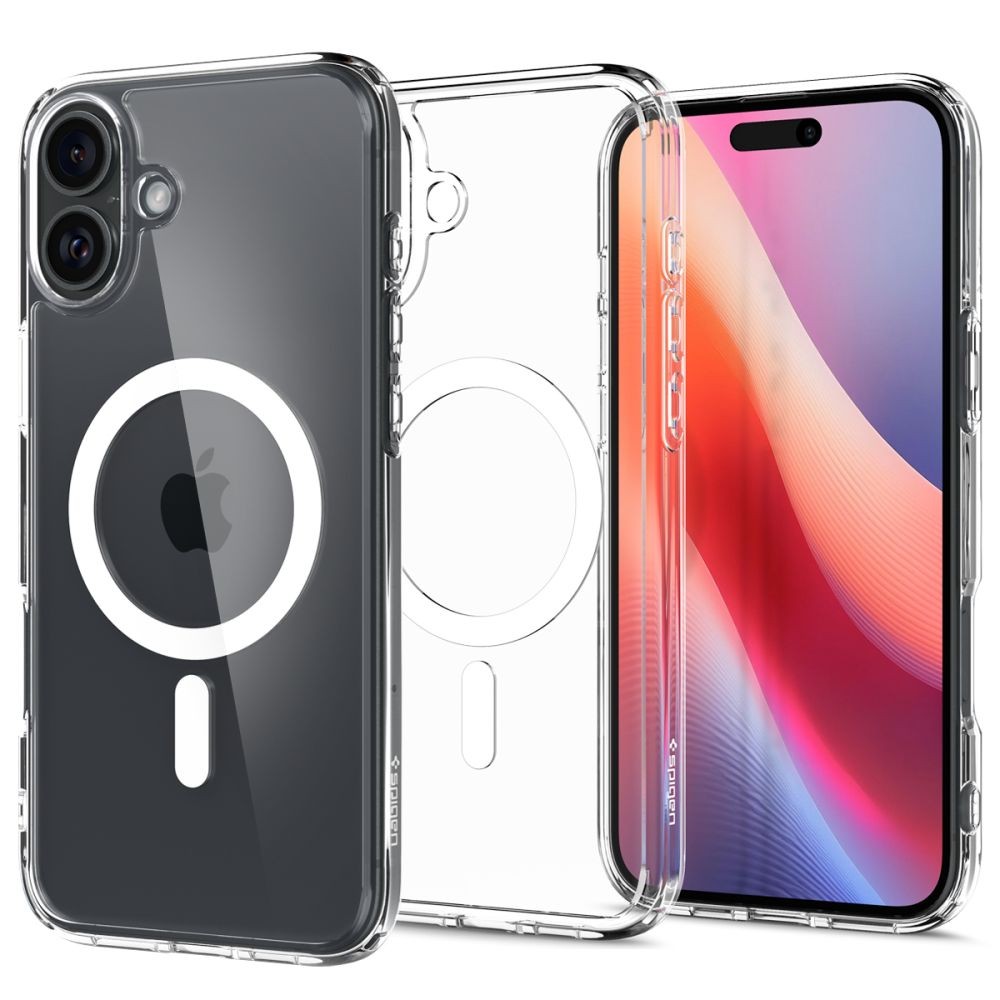 Itin tvirtas skaidrus dėklas su baltomis detalėmis "Spigen Ultra Hybrid Mag Magsafe" telefonui Apple iPhone 16 Plus