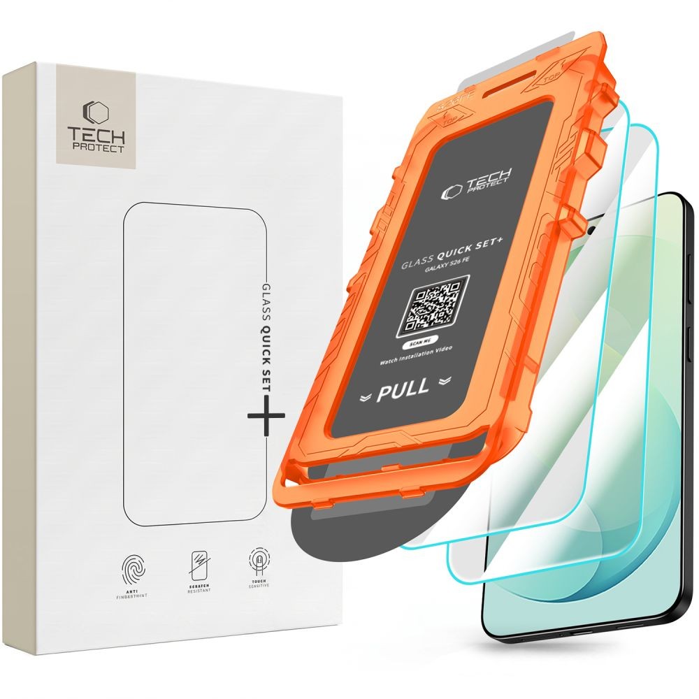 Skaidrus stikliukas su montavimo rėmeliu Tech-Protect QUICK SET+ 2-PACK (2-vnt.) telefonui Samsung Galaxy S26 FE