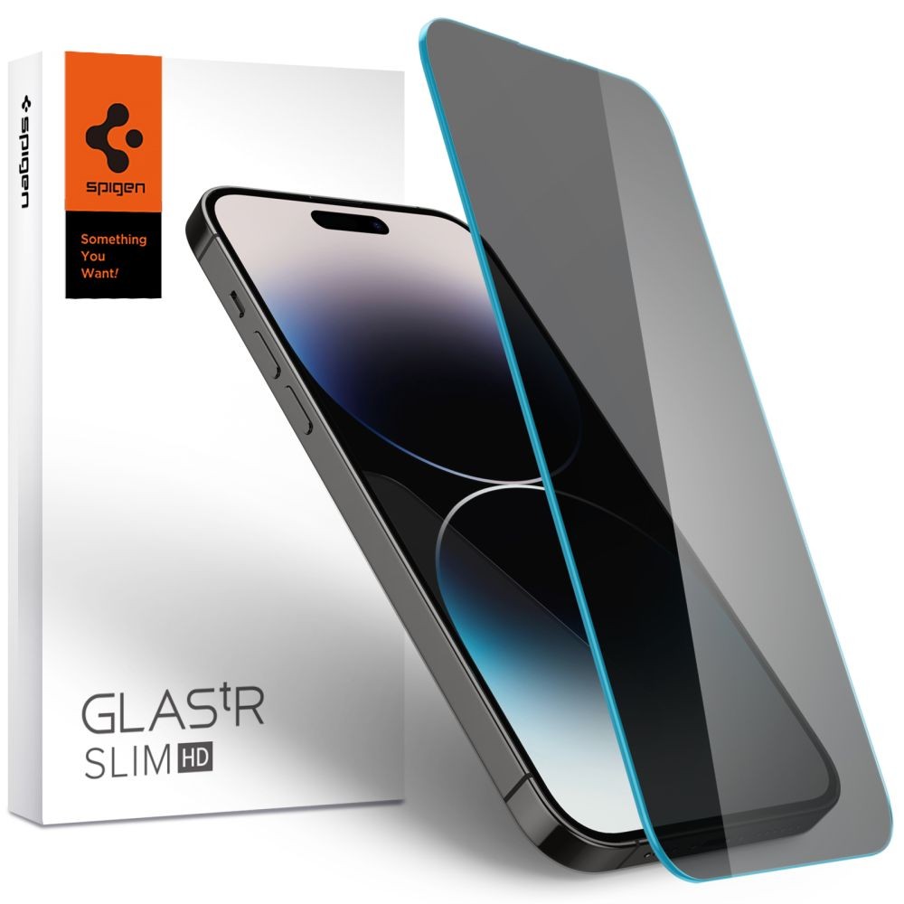 Privatumą suteikiantis apsauginis grūdintas stiklas "Spigen Glass.Tr Slim Privacy" telefonui iPhone 14 Pro 