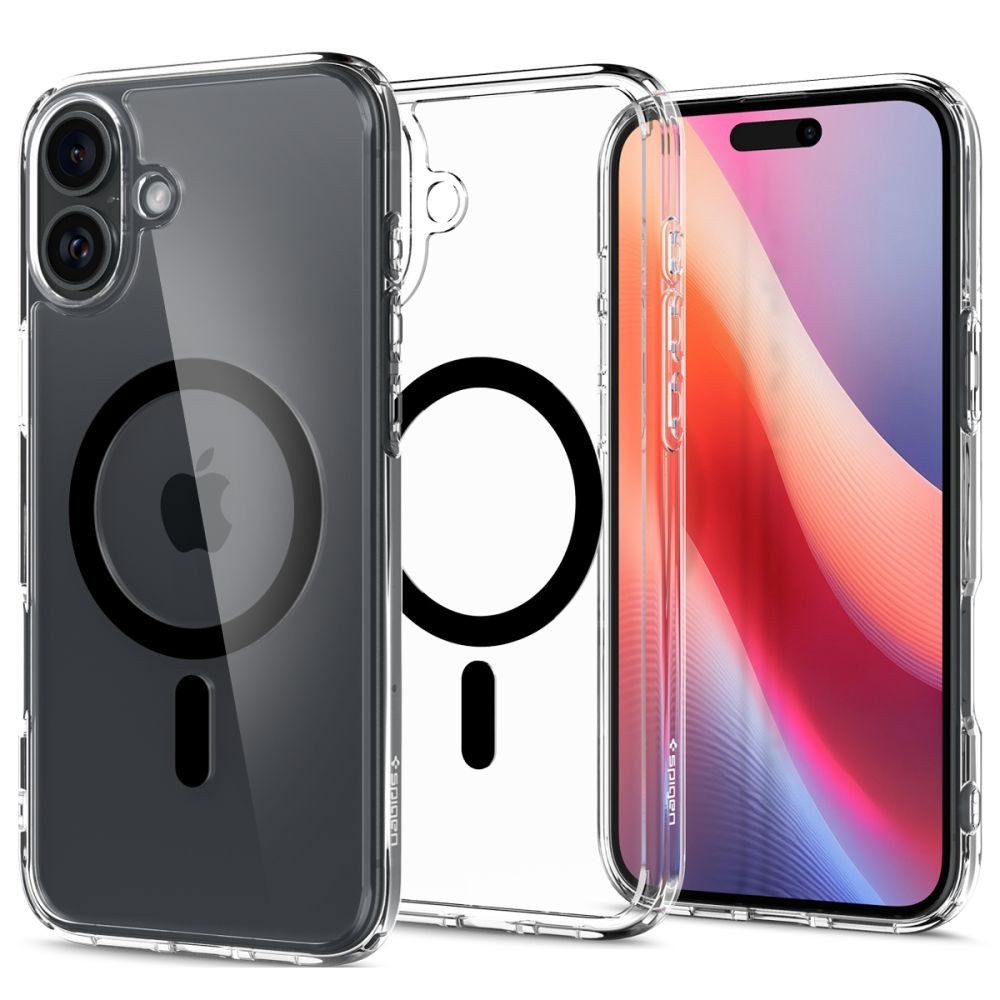 Itin tvirtas skaidrus dėklas su juodomis detalėmis "Spigen Ultra Hybrid Mag Magsafe" telefonui Apple iPhone 16 Plus
