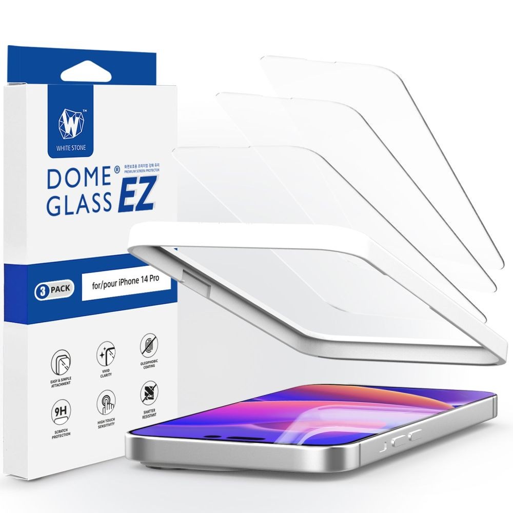 Auksčiausios kokybės apsauginis stiklas su montavymo rėmeliu "WHITESTONE EZ GLASS" telefonui iPhone 14 Pro ( X 3 vnt)
