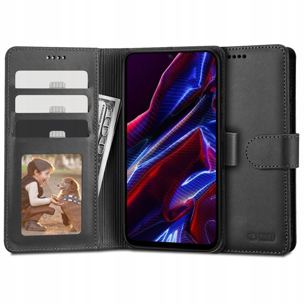 Juodas atverčiamas dėklas Tech-Protect "Wallet" telefonui Xiaomi Redmi Note 12 5G / Poco X5 5G