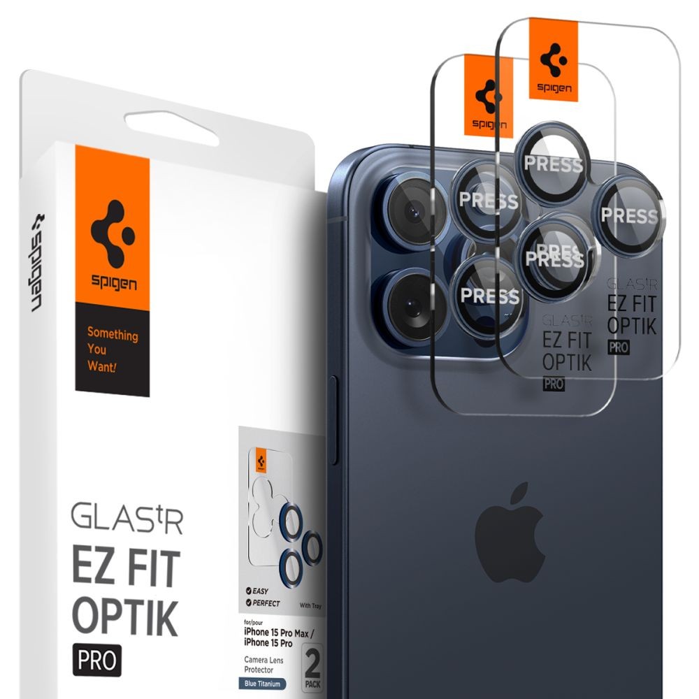 Mėlynos spalvos kameros apsauga "Spigen Optik.Tr Ez Fit Camera Protector" (2vnt.) telefonui iPhone 14 Pro / Pro Max/ 15 Pro / Pro Max
