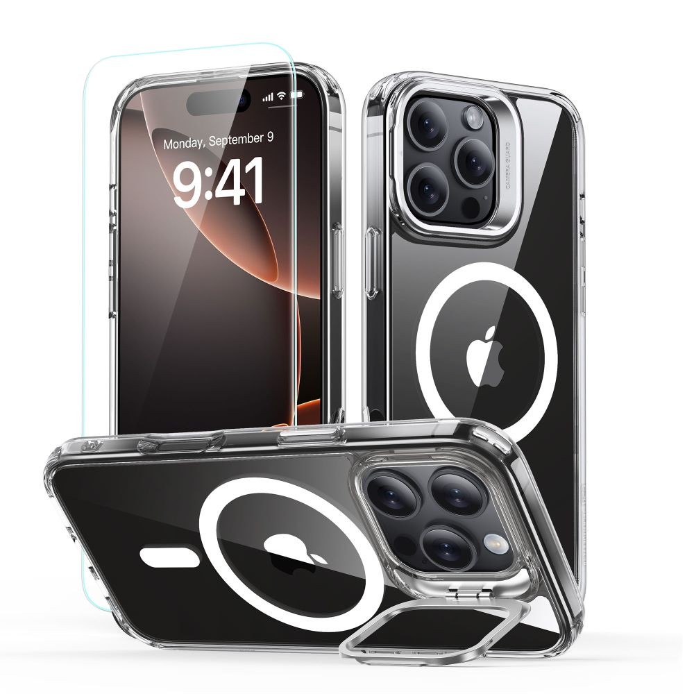 Skaidrus dėklas/stovas+stikliukas "Esr Classic Hybrid Kickstand Halolock Magsafe & Tempered Glass" telefonui Apple iPhone 16 Pro