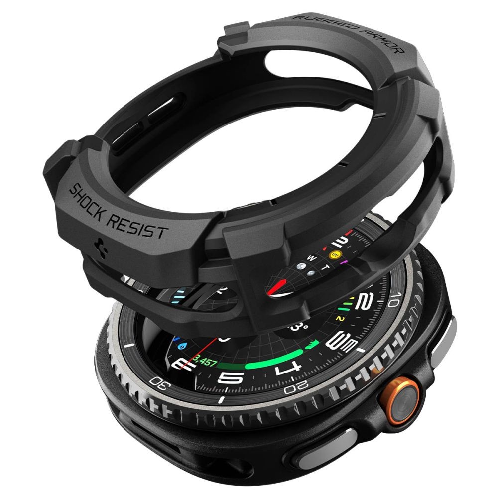 Juodas dėklas "Spigen Rugged Armor" laikrodžiui Samsung Galaxy Watch 8 Classic (46 MM)
