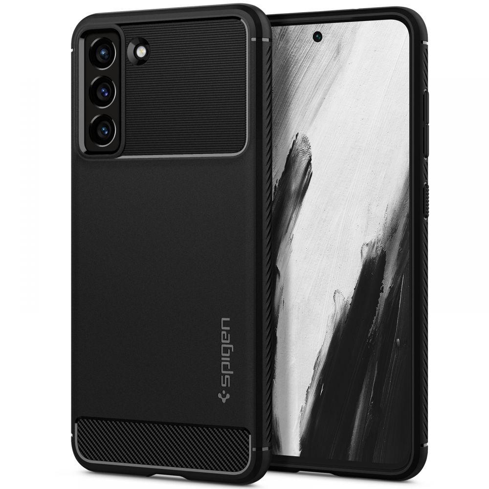 Juodas tekstūrinis dėklas Spigen "Rugged Armor" telefonui Samsung Galaxy S21 FE