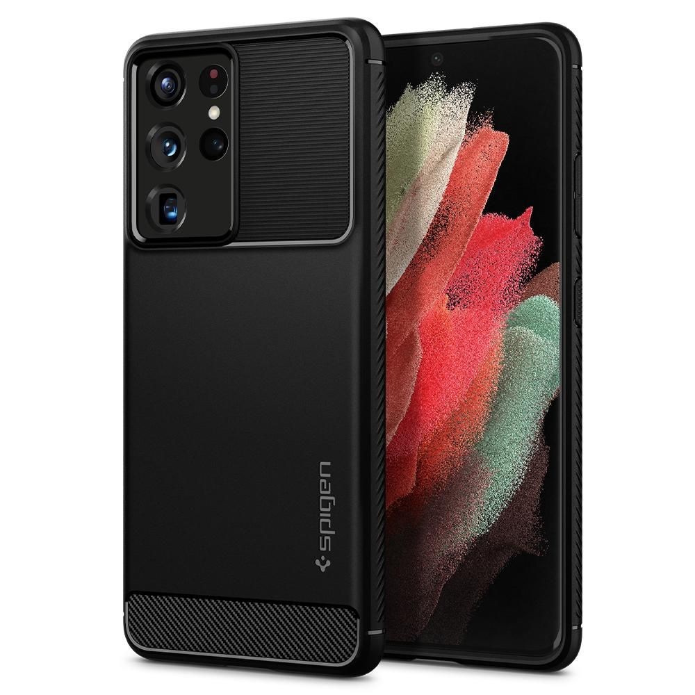 Juodas tekstūrinis dėklas "Spigen Rugged Armor" telefonui Galaxy S21 Ultra