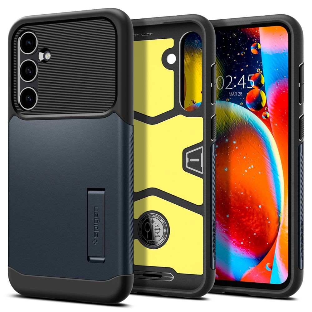 Juodas dviejų tekstūrų dėklas su stovu "Spigen Slim Armor" telefonui Samsung Galaxy S23 FE