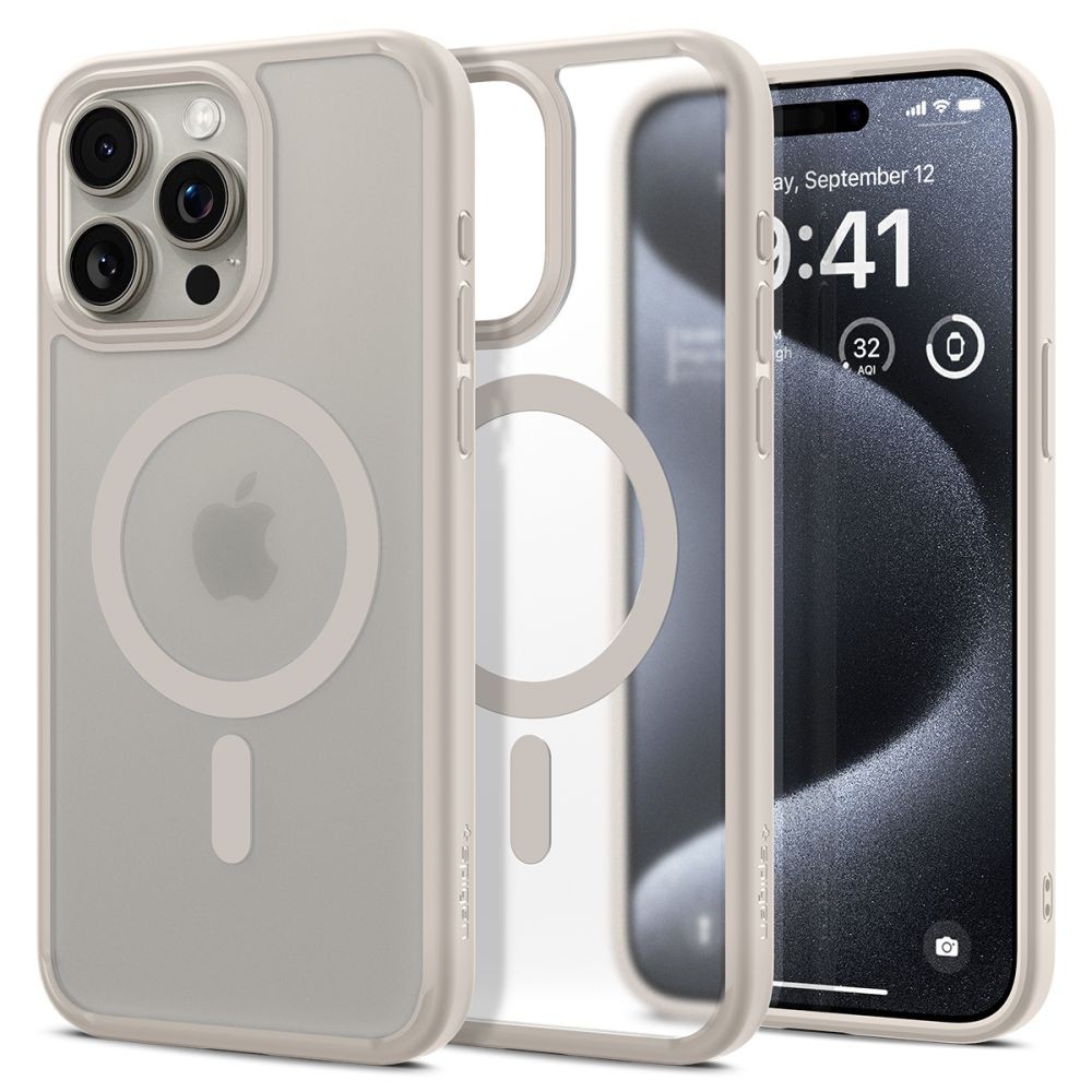 Itin tvirtas, pusiau skaidrus dėklas su titano spalvos detalėmis "Spigen Ultra Hybrid Mag Magsafe" telefonui iPhone 15 Pro Max