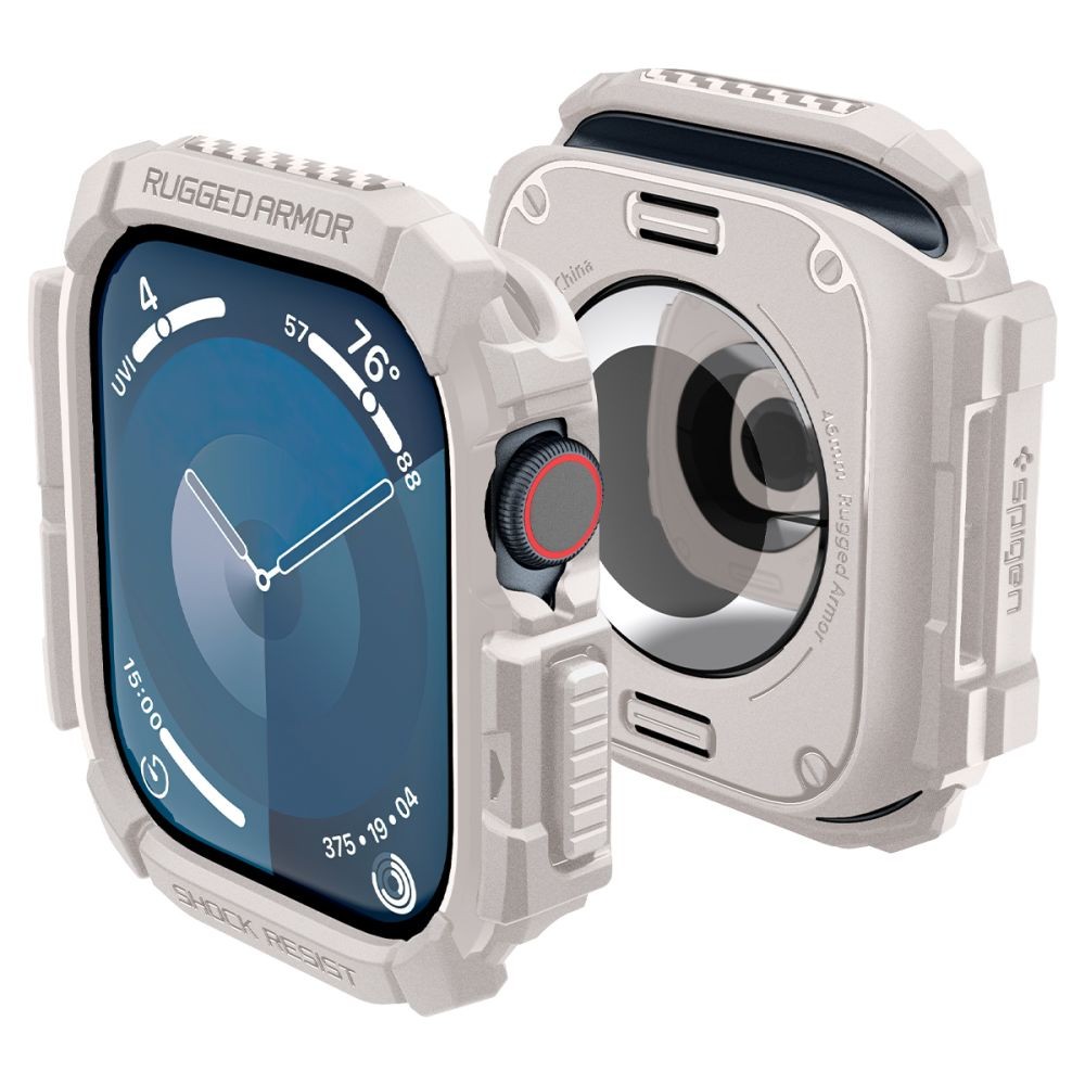 Kreminės spalvos dėklas "Spigen Rugged Armor" laikrodžiui Apple Watch 10 (46 MM)