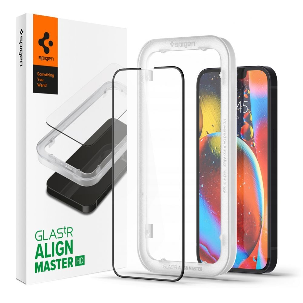 Apsauginis stiklas juodais krašteliais "SPIGEN ALM GLASS FC” su montavymo rėmeliu telefonui iPhone 13 / 13 PRO / 14 / 16E 