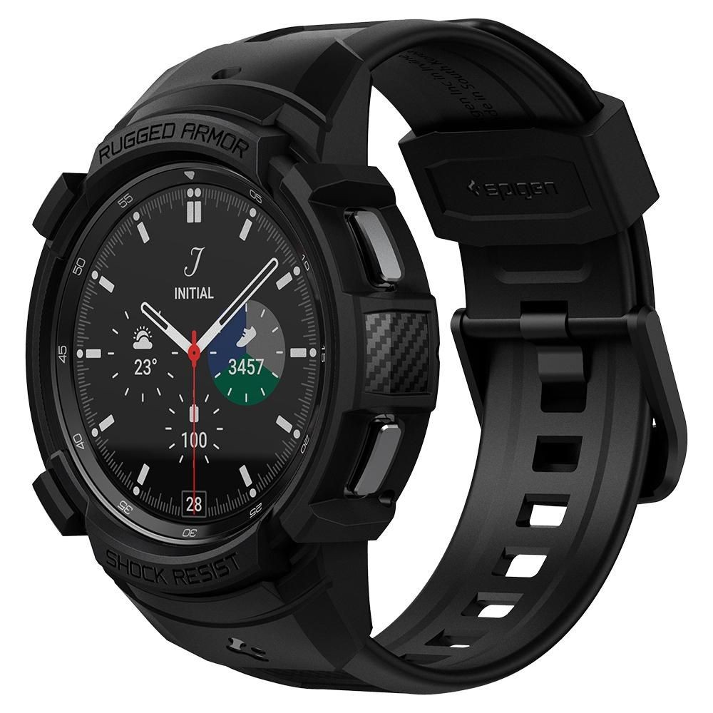 Juoda sportinio stiliaus apyrankė/dėklas "Spigen Rugged Armor Pro" laikrodžiui Samsung Galaxy Watch 4 Classic 46 MM
